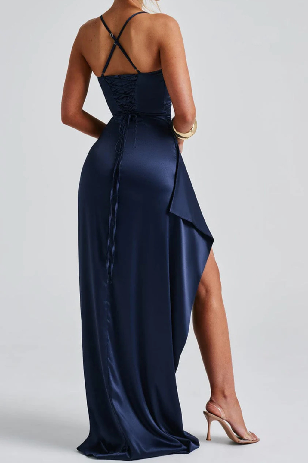 Women's Satin Spaghetti Strap Ruched Maxi Dress with High Slit – Formal & Wedding Guest