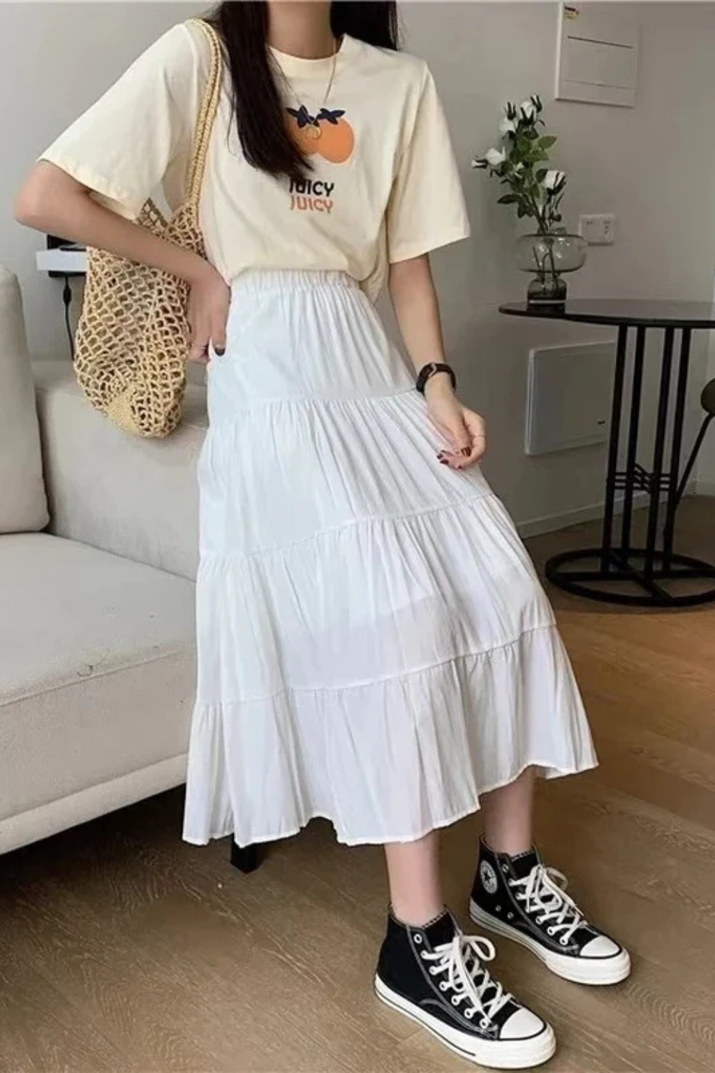 Women's High-Waist Tiered Maxi Skirt with Elastic Waist – Flowy Summer Skirt
