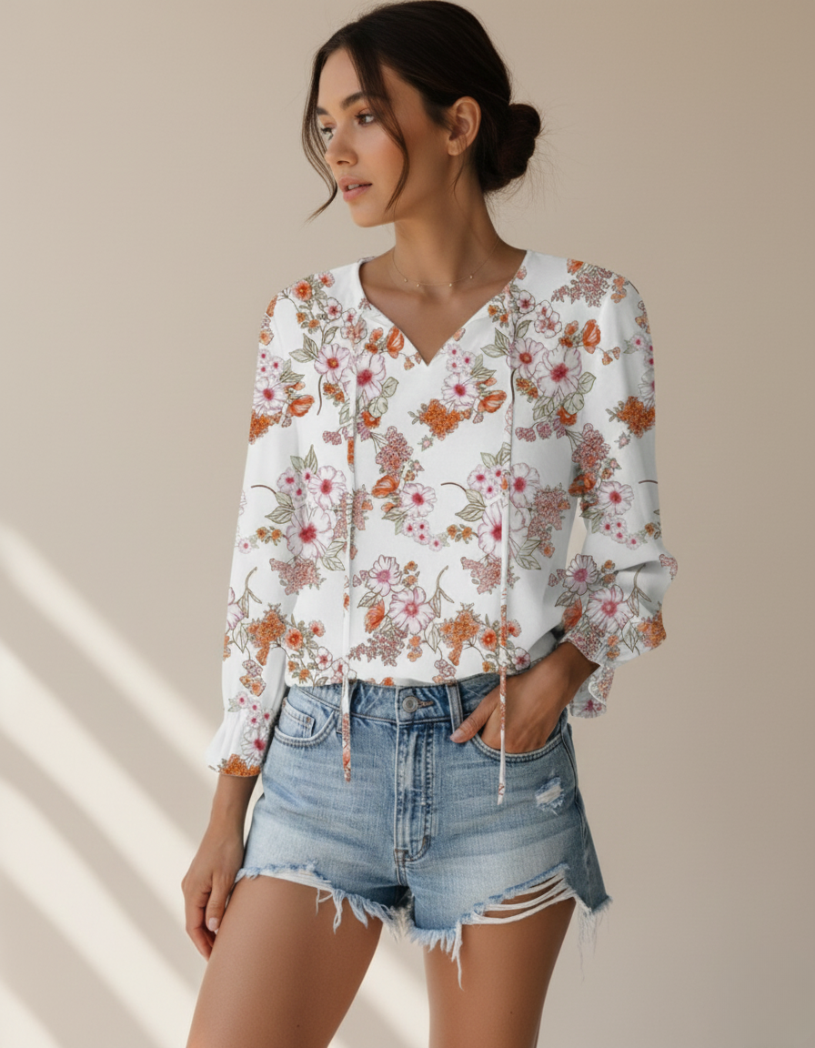Women's Floral Print V Neck Blouse with Long Sleeves – Lightweight Everyday Top
