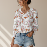 Women's Floral Print V Neck Blouse with Long Sleeves – Lightweight Everyday Top