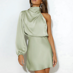 Women's One-Shoulder Asymmetric Dress with Long Sleeve – Satin-Look Fitted Occasion Dress