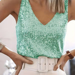 Women's Glitter Sequin V-Neck Tank Top with Wide Straps – Party, Evening & Night Out Top