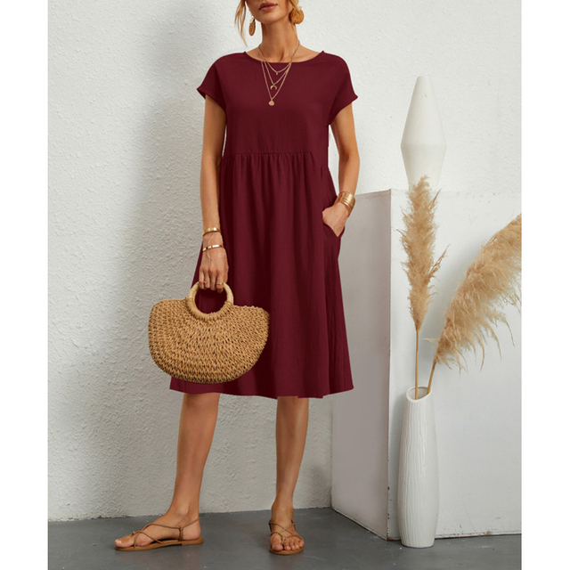 Women's Linen-Look Midi Dress – Relaxed Summer Day Dress for Brunch, Travel & Weekends