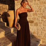 Women's Strapless Pleated Maxi Dress with Ruched Bodice – Brown Summer Occasion Dress