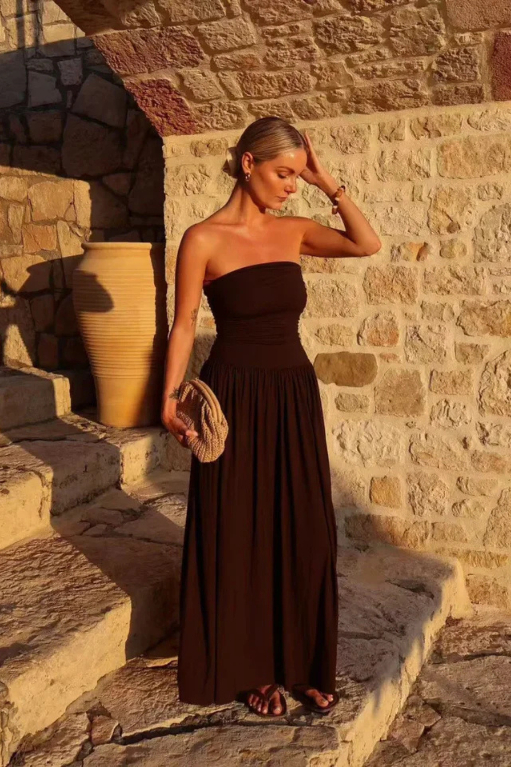 Women's Strapless Pleated Maxi Dress with Ruched Bodice – Brown Summer Occasion Dress