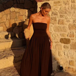 Women's Strapless Pleated Maxi Dress with Ruched Bodice – Brown Summer Occasion Dress