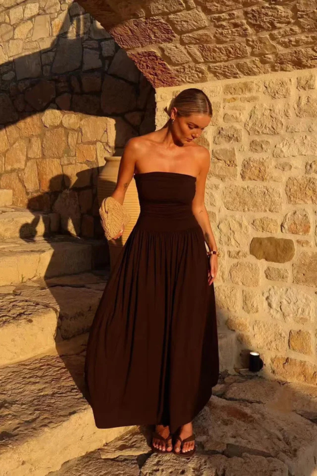 Women's Strapless Pleated Maxi Dress with Ruched Bodice – Brown Summer Occasion Dress