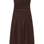 Women's Strapless Pleated Maxi Dress with Ruched Bodice – Brown Summer Occasion Dress