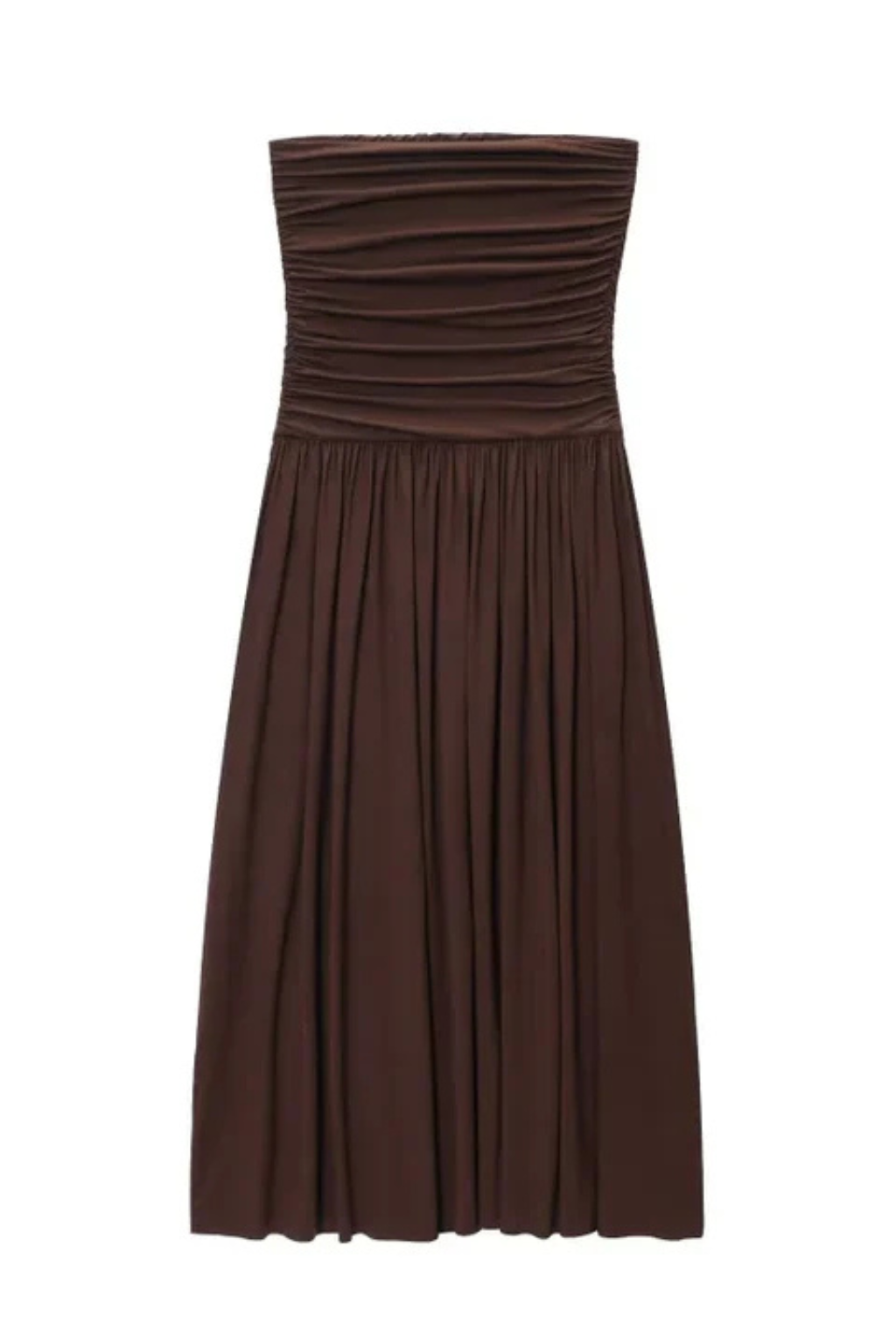 Women's Strapless Pleated Maxi Dress with Ruched Bodice – Brown Summer Occasion Dress