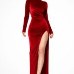 Women's Ruched Long Sleeve Maxi Dress with Side Slit – High Neck Occasion Dress
