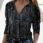 Women's Glitter Print V-Neck Blouse with Long Sleeves – Sparkly Party & Evening Top