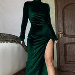 Women's Ruched Long Sleeve Maxi Dress with Side Slit – High Neck Occasion Dress