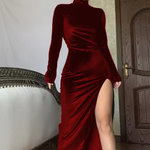 Women's Ruched Long Sleeve Maxi Dress with Side Slit – High Neck Occasion Dress
