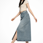 Women's High-Waist Denim Maxi Skirt with Front Slit – Light Blue Long Jean Skirt