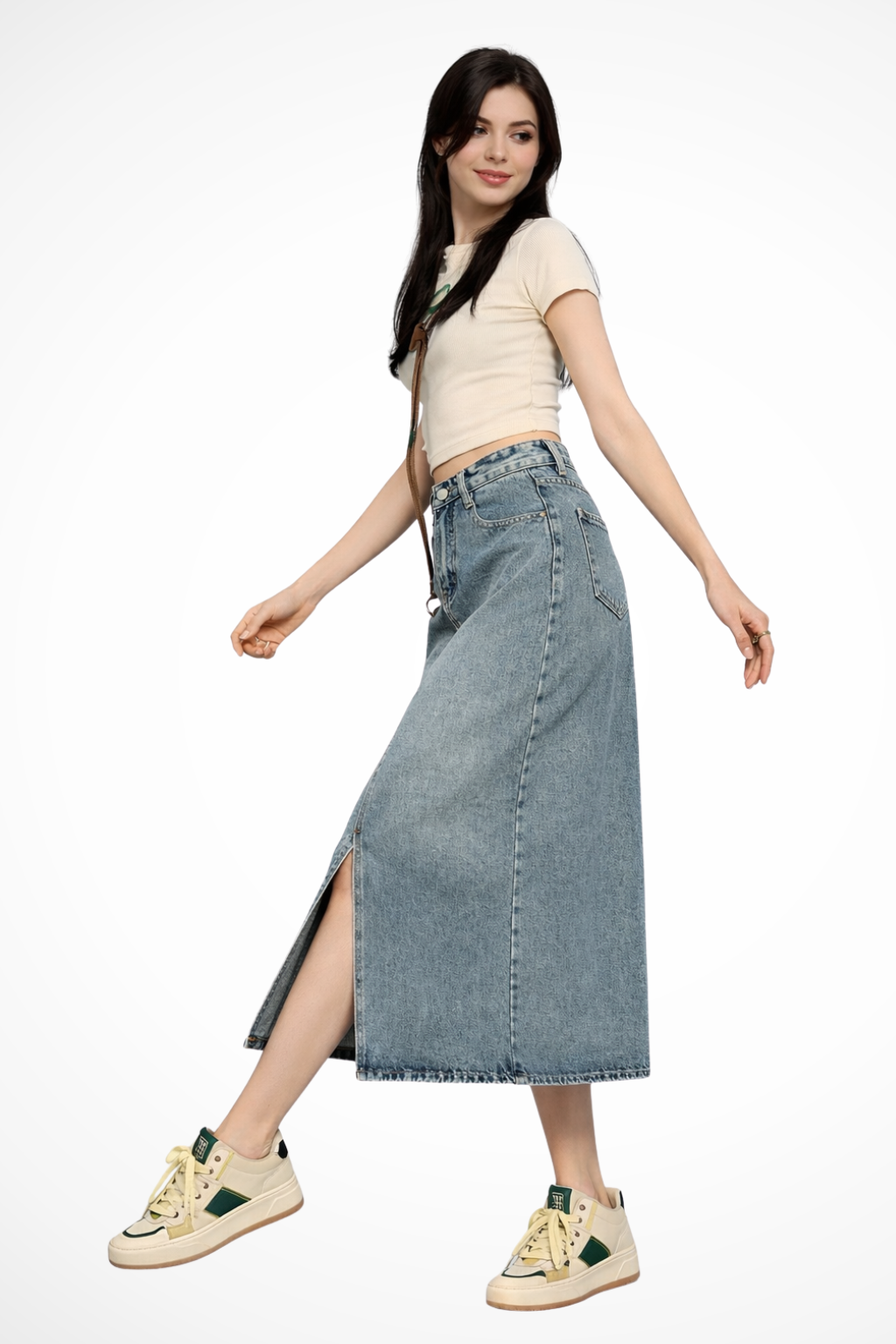 Women's High-Waist Denim Maxi Skirt with Front Slit – Light Blue Long Jean Skirt