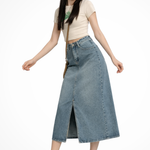 Women's High-Waist Denim Maxi Skirt with Front Slit – Light Blue Long Jean Skirt