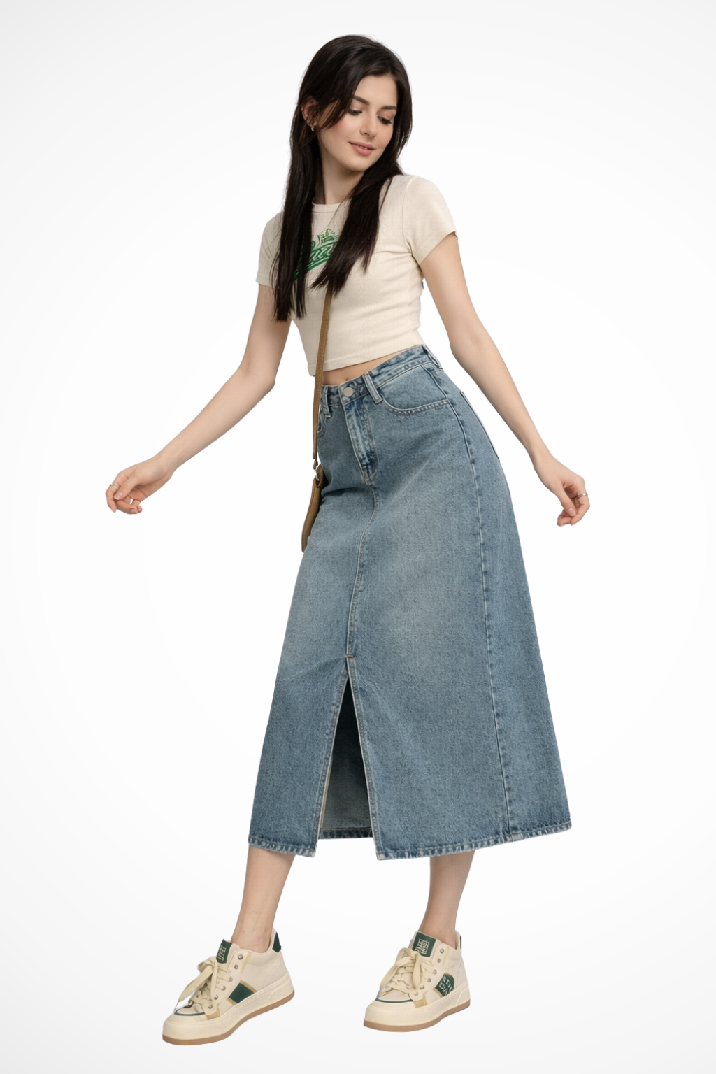 Women's High-Waist Denim Maxi Skirt with Front Slit – Light Blue Long Jean Skirt