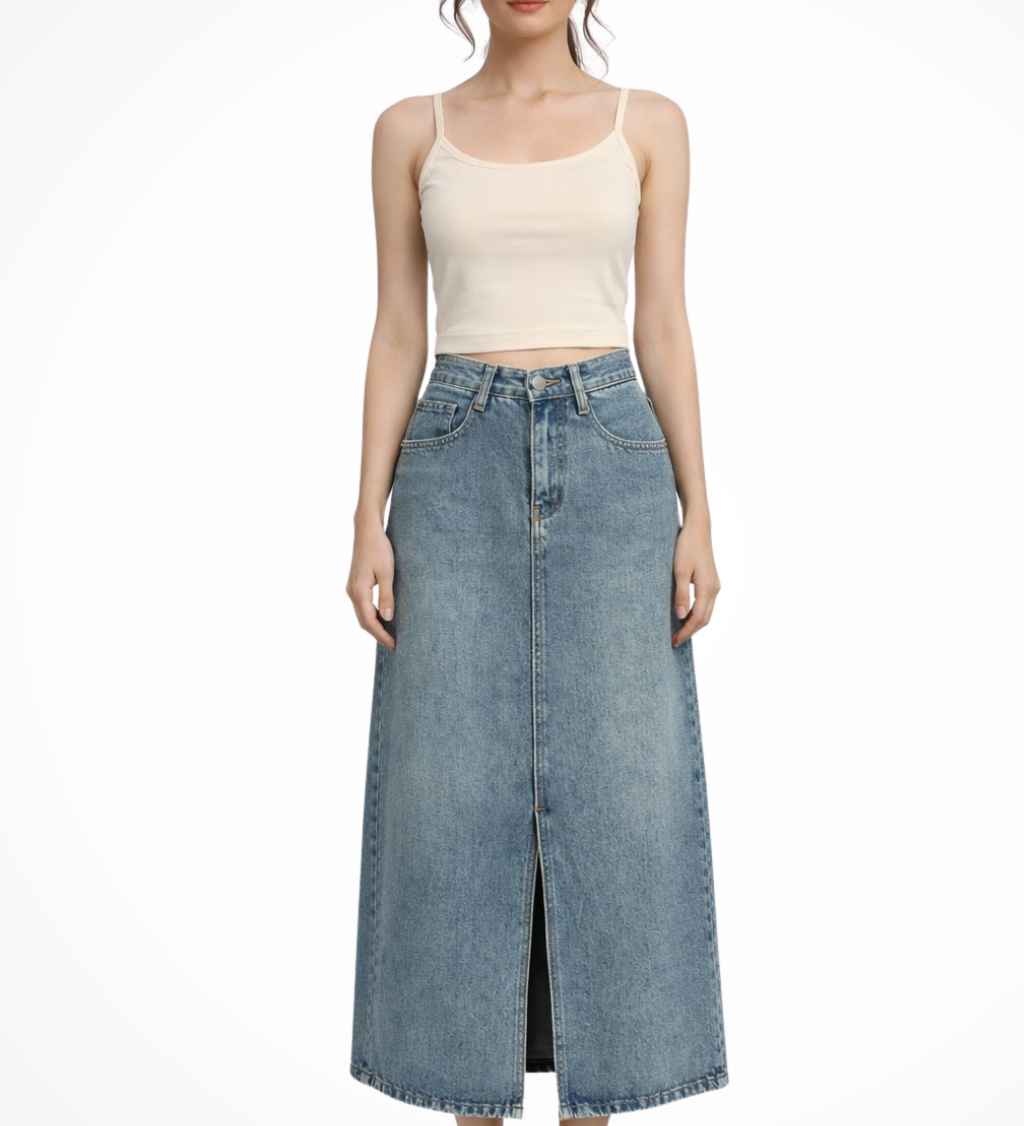 Women's High-Waist Denim Maxi Skirt with Front Slit – Light Blue Long Jean Skirt