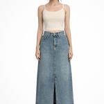 Women's High-Waist Denim Maxi Skirt with Front Slit – Light Blue Long Jean Skirt
