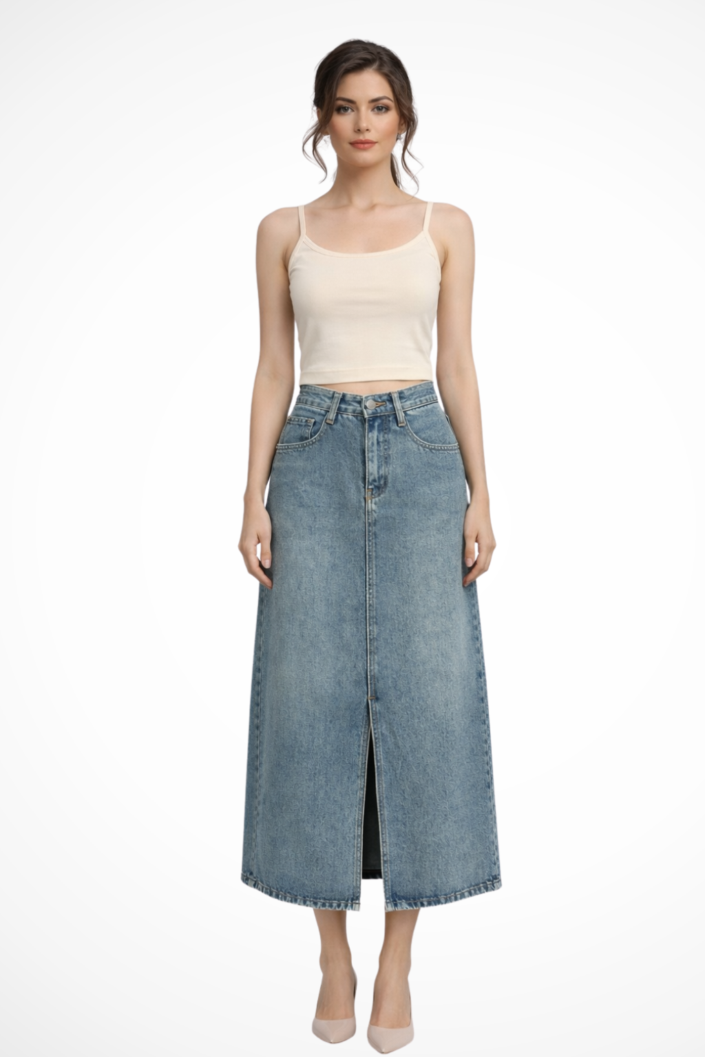 Women's High-Waist Denim Maxi Skirt with Front Slit – Light Blue Long Jean Skirt
