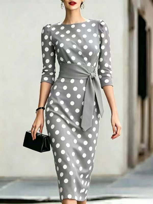Women's Polka Dot Midi Dress – Elegant Day Dress for Brunch, Garden Parties & Race Days