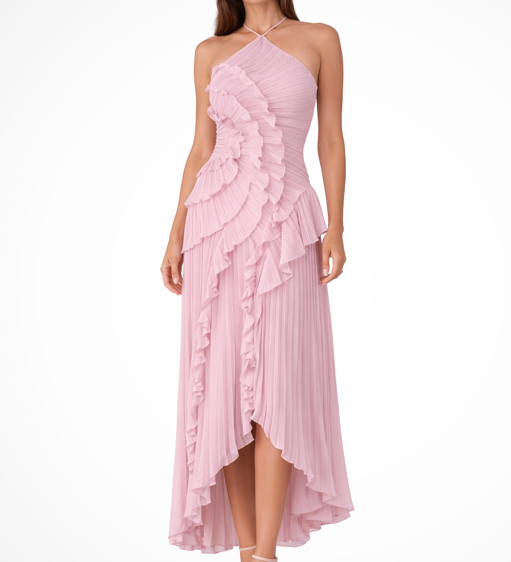 Women's Halter Neck Backless Ruffle Maxi Dress – Sleeveless Wedding Guest & Summer Event Dress
