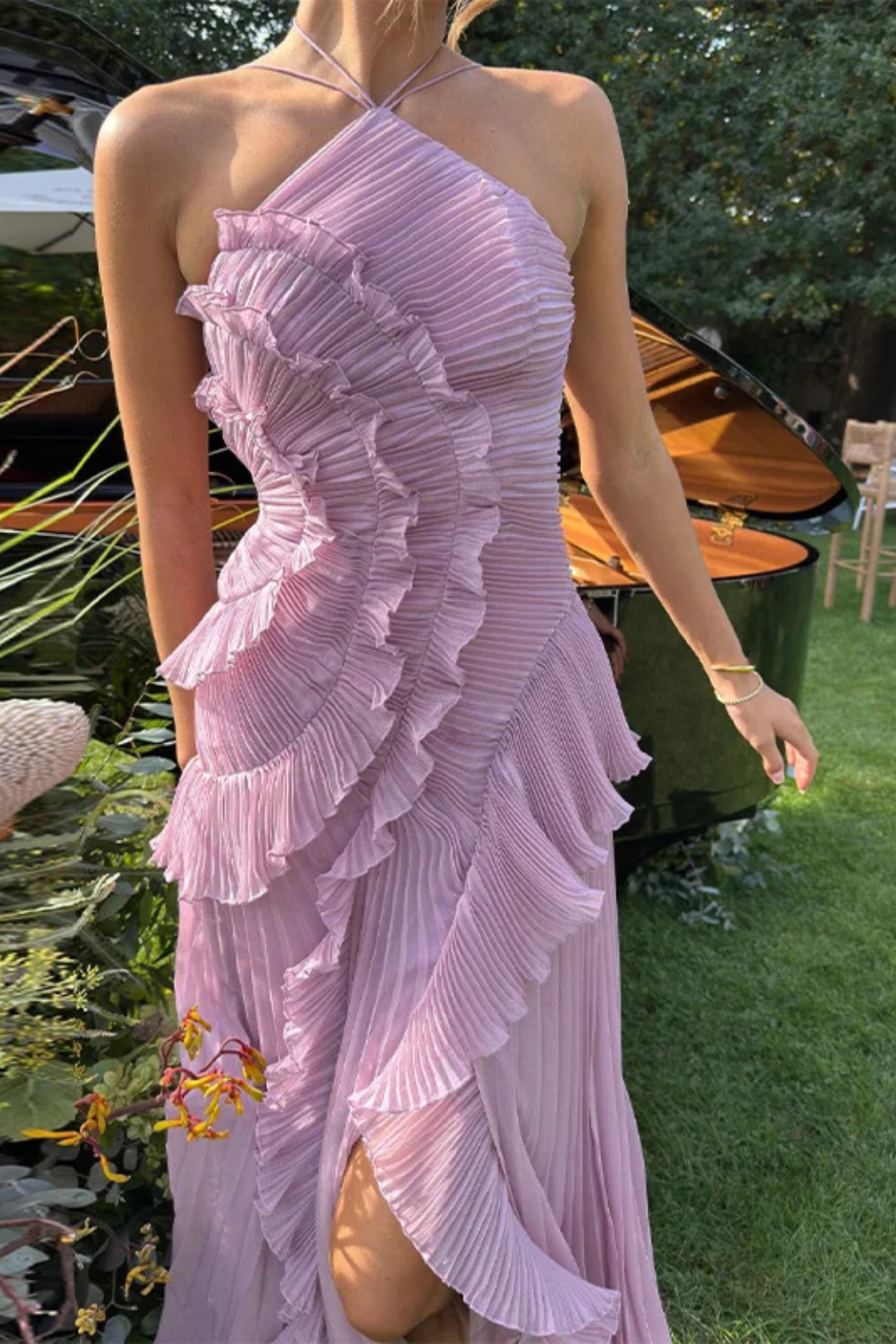 Women's Halter Neck Backless Ruffle Maxi Dress – Sleeveless Wedding Guest & Summer Event Dress