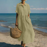 Women's Pintuck Linen-Look Maxi Shirt Dress – Relaxed Summer Dress for Beach, Brunch & Holidays