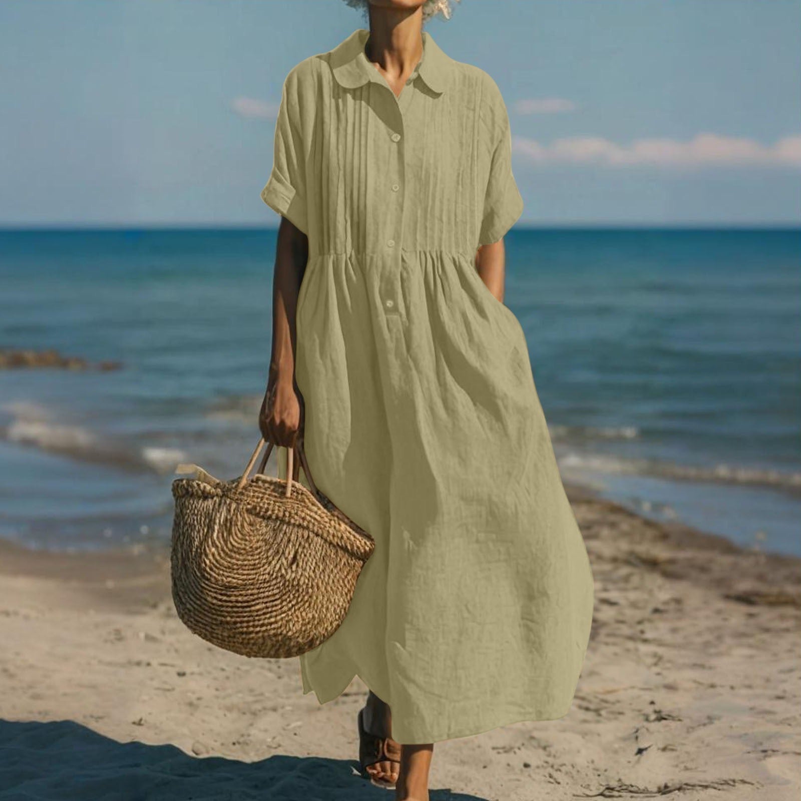 Women's Pintuck Linen-Look Maxi Shirt Dress – Relaxed Summer Dress for Beach, Brunch & Holidays