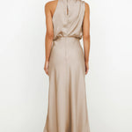 Women's Satin Halter Midi Dress – Sleeveless Wedding Guest & Cocktail Dress for Summer Events