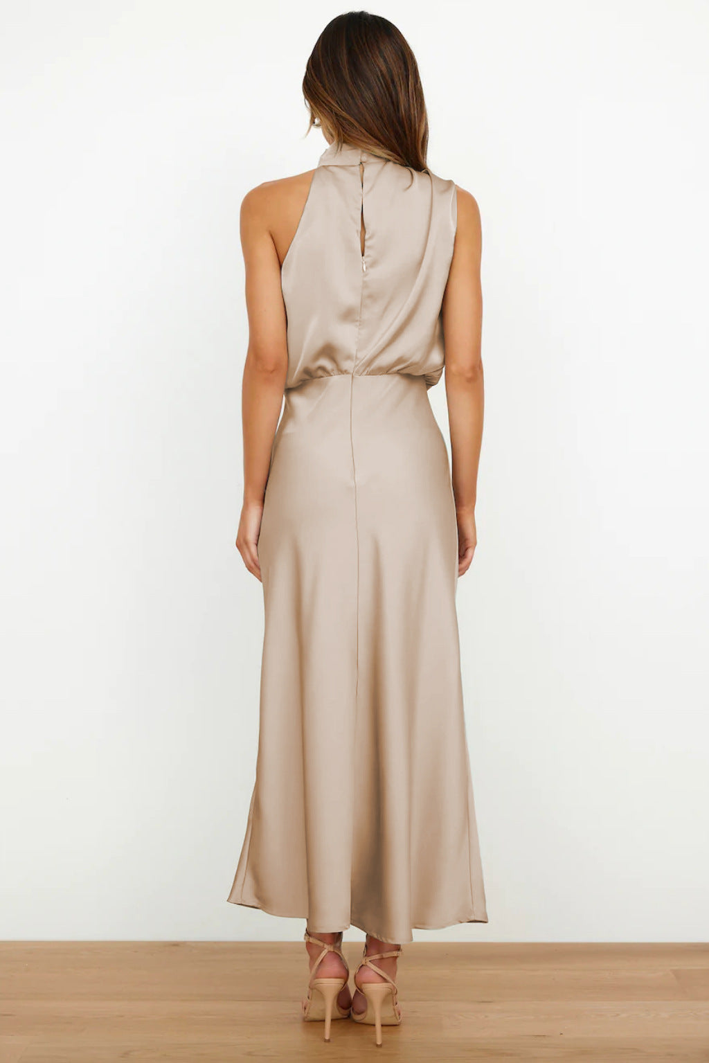 Women's Satin Halter Midi Dress – Sleeveless Wedding Guest & Cocktail Dress for Summer Events