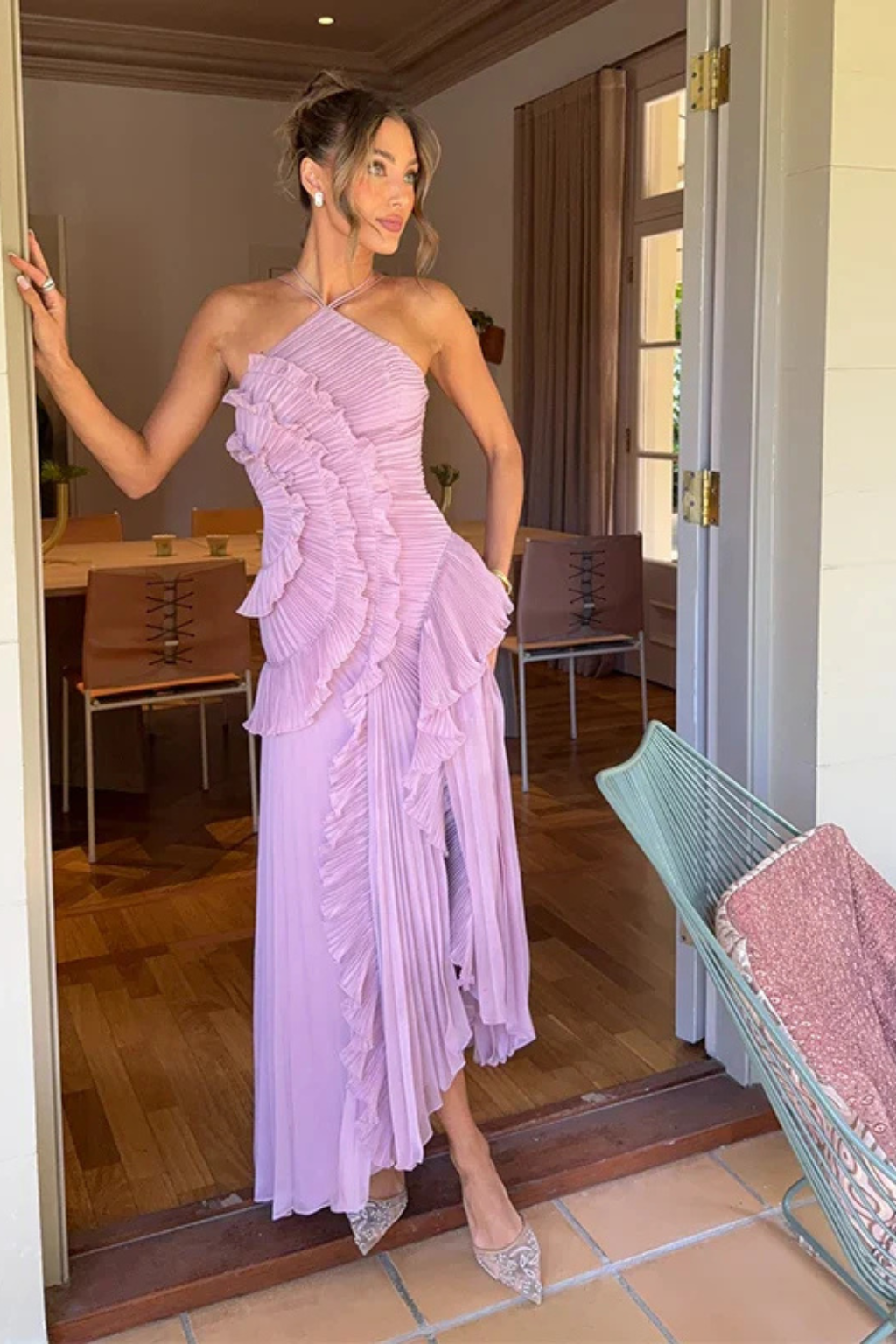 Women's Halter Neck Backless Ruffle Maxi Dress – Sleeveless Wedding Guest & Summer Event Dress