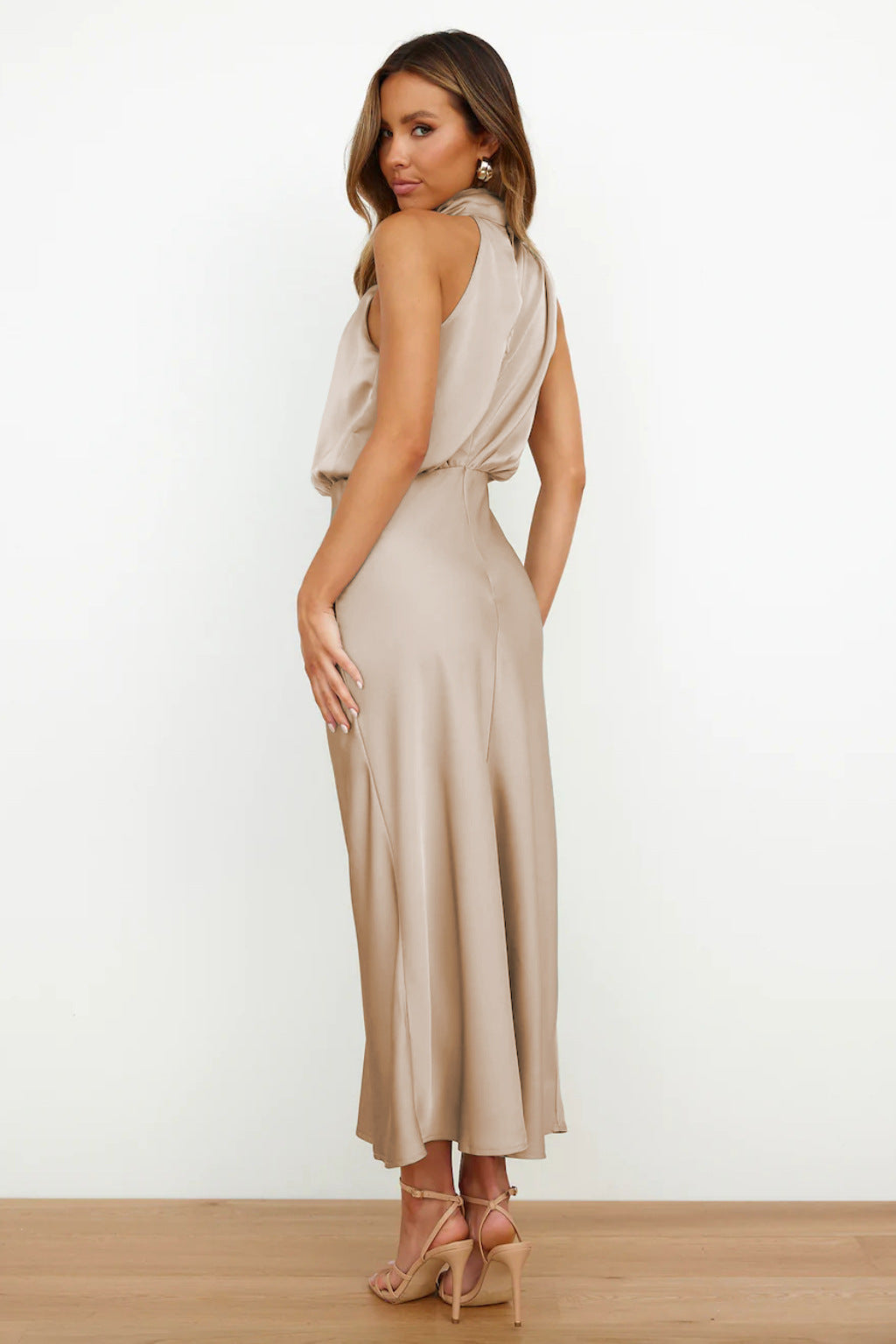 Women's Satin Halter Midi Dress – Sleeveless Wedding Guest & Cocktail Dress for Summer Events