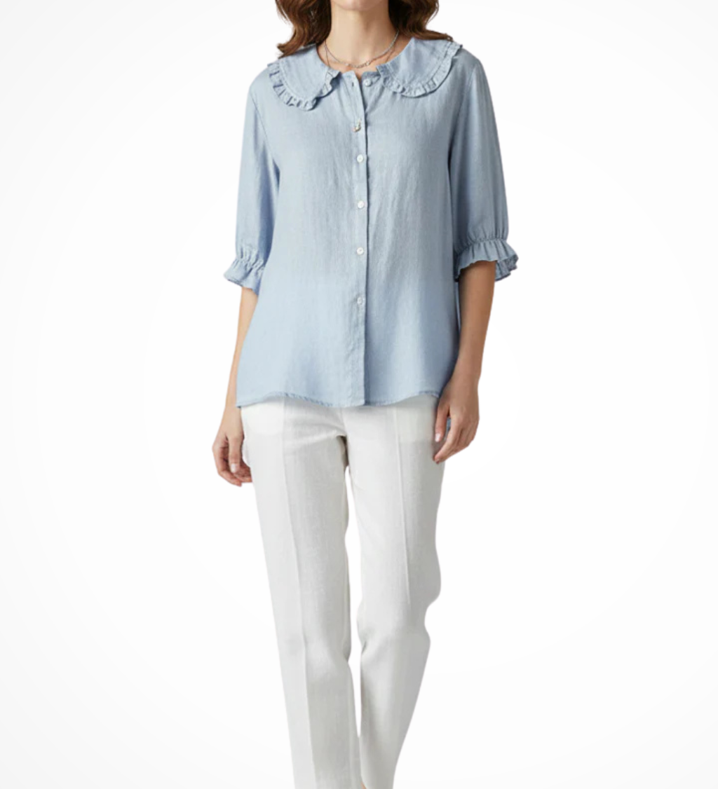 Women's Ruffle Collar Button-Down Blouse with Frill Sleeves – Relaxed Three-Quarter Sleeve Top