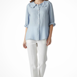 Women's Ruffle Collar Button-Down Blouse with Frill Sleeves – Relaxed Three-Quarter Sleeve Top