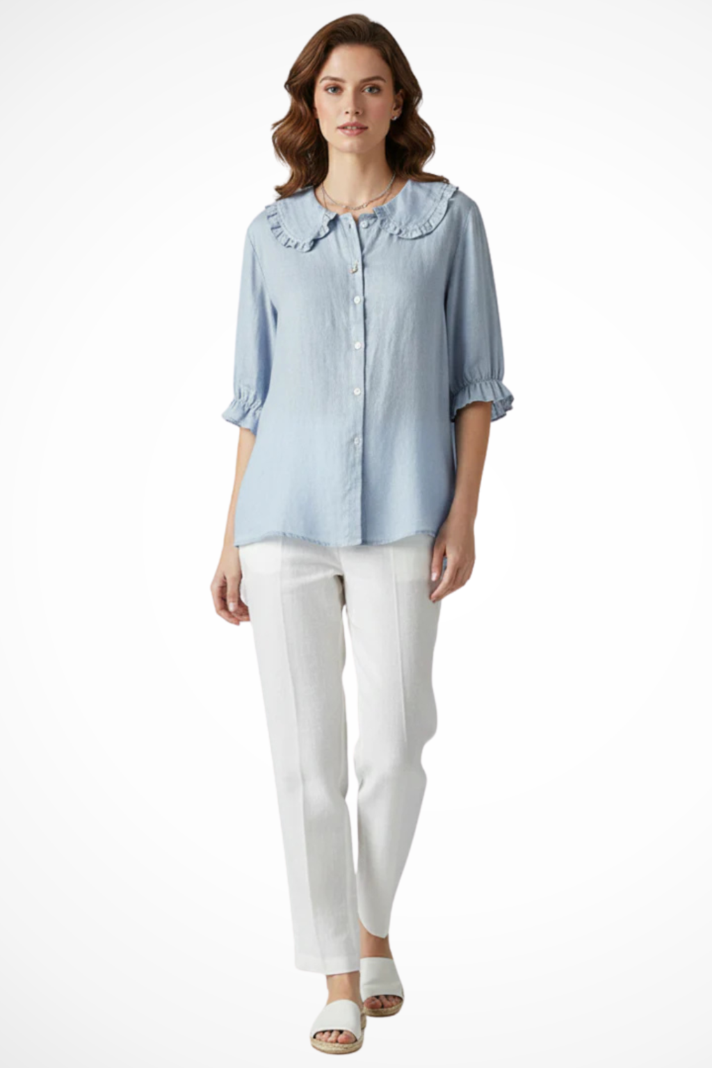 Women's Ruffle Collar Button-Down Blouse with Frill Sleeves – Relaxed Three-Quarter Sleeve Top