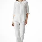 Women's Ruffle Collar Button-Down Blouse with Frill Sleeves – Relaxed Three-Quarter Sleeve Top