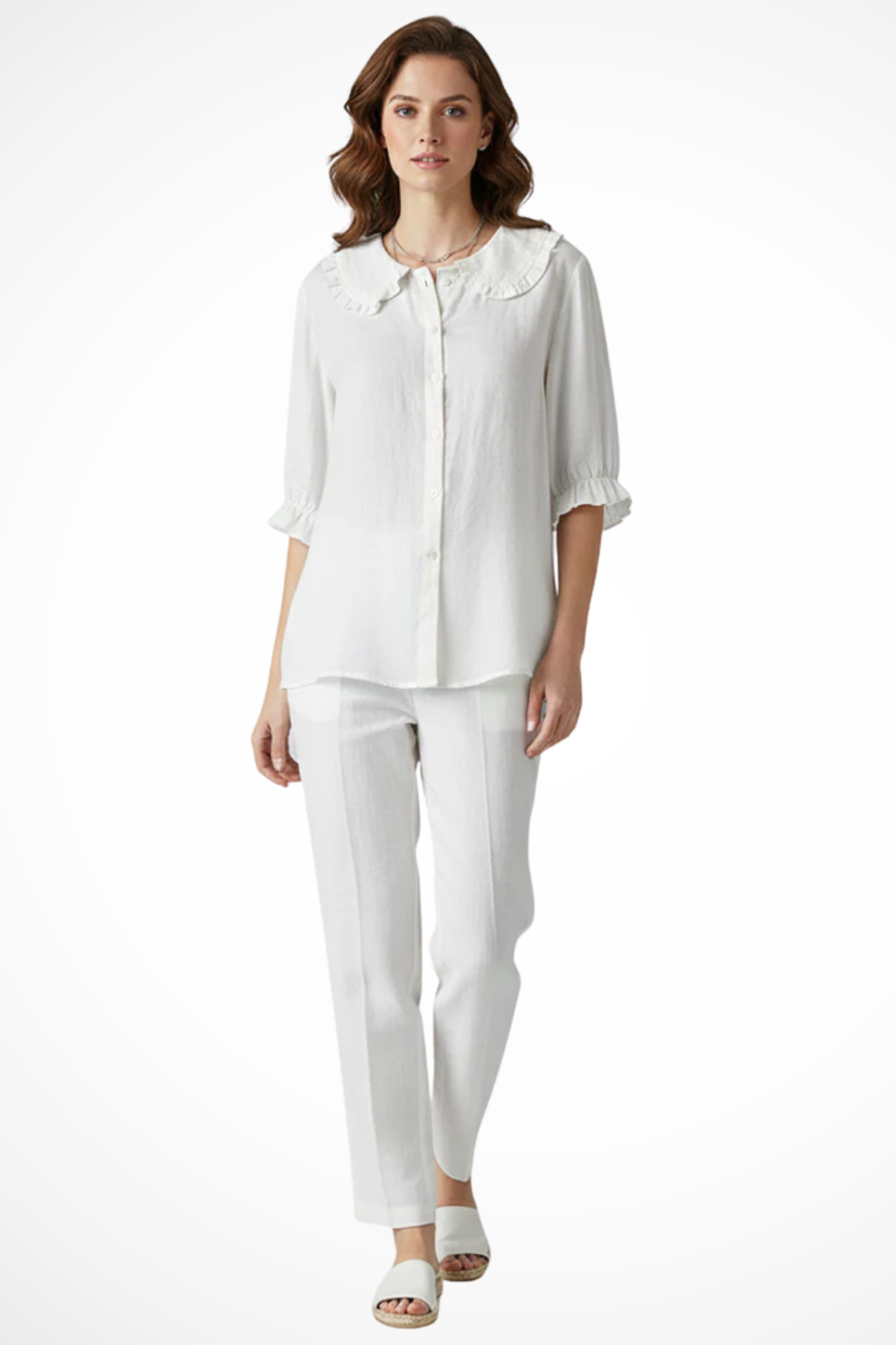 Women's Ruffle Collar Button-Down Blouse with Frill Sleeves – Relaxed Three-Quarter Sleeve Top