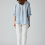 Women's Ruffle Collar Button-Down Blouse with Frill Sleeves – Relaxed Three-Quarter Sleeve Top