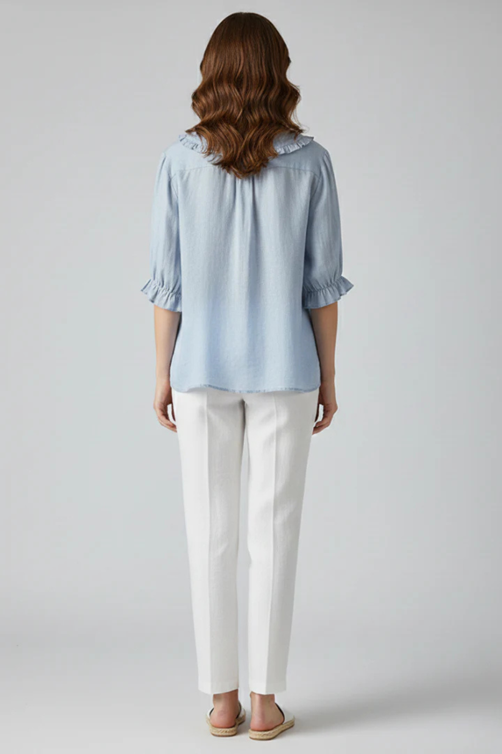 Women's Ruffle Collar Button-Down Blouse with Frill Sleeves – Relaxed Three-Quarter Sleeve Top