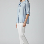Women's Ruffle Collar Button-Down Blouse with Frill Sleeves – Relaxed Three-Quarter Sleeve Top