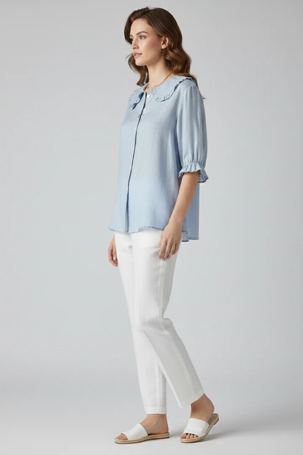 Women's Ruffle Collar Button-Down Blouse with Frill Sleeves – Relaxed Three-Quarter Sleeve Top