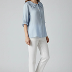 Women's Ruffle Collar Button-Down Blouse with Frill Sleeves – Relaxed Three-Quarter Sleeve Top