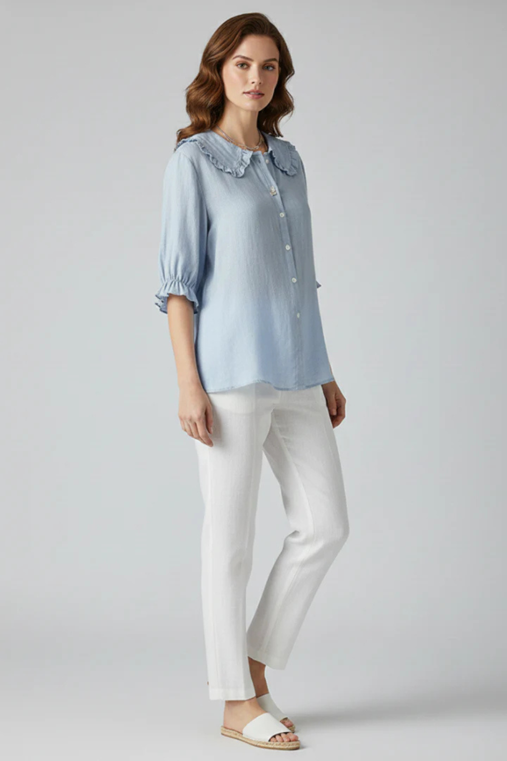 Women's Ruffle Collar Button-Down Blouse with Frill Sleeves – Relaxed Three-Quarter Sleeve Top