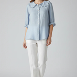 Women's Ruffle Collar Button-Down Blouse with Frill Sleeves – Relaxed Three-Quarter Sleeve Top