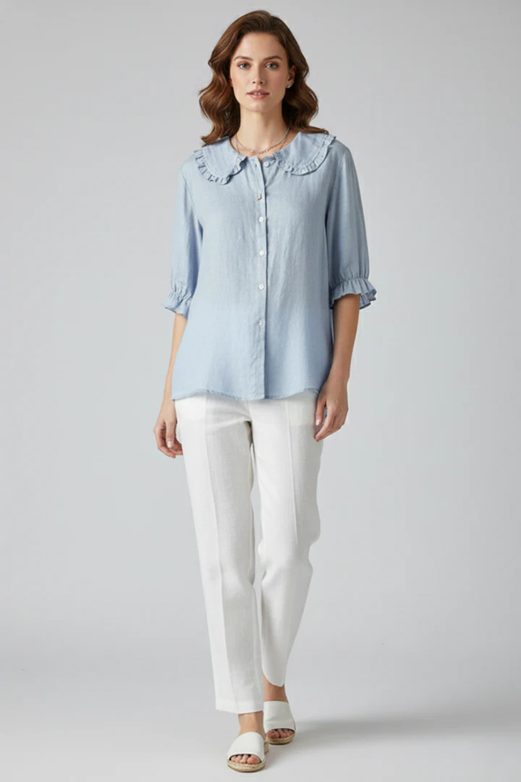 Women's Ruffle Collar Button-Down Blouse with Frill Sleeves – Relaxed Three-Quarter Sleeve Top