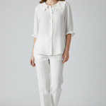 Women's Ruffle Collar Button-Down Blouse with Frill Sleeves – Relaxed Three-Quarter Sleeve Top