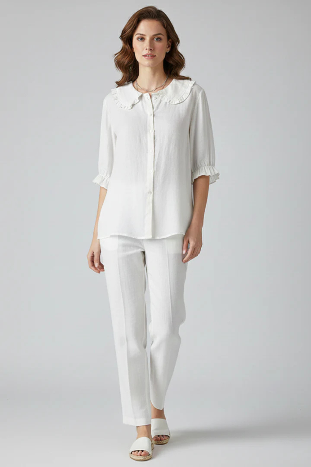 Women's Ruffle Collar Button-Down Blouse with Frill Sleeves – Relaxed Three-Quarter Sleeve Top