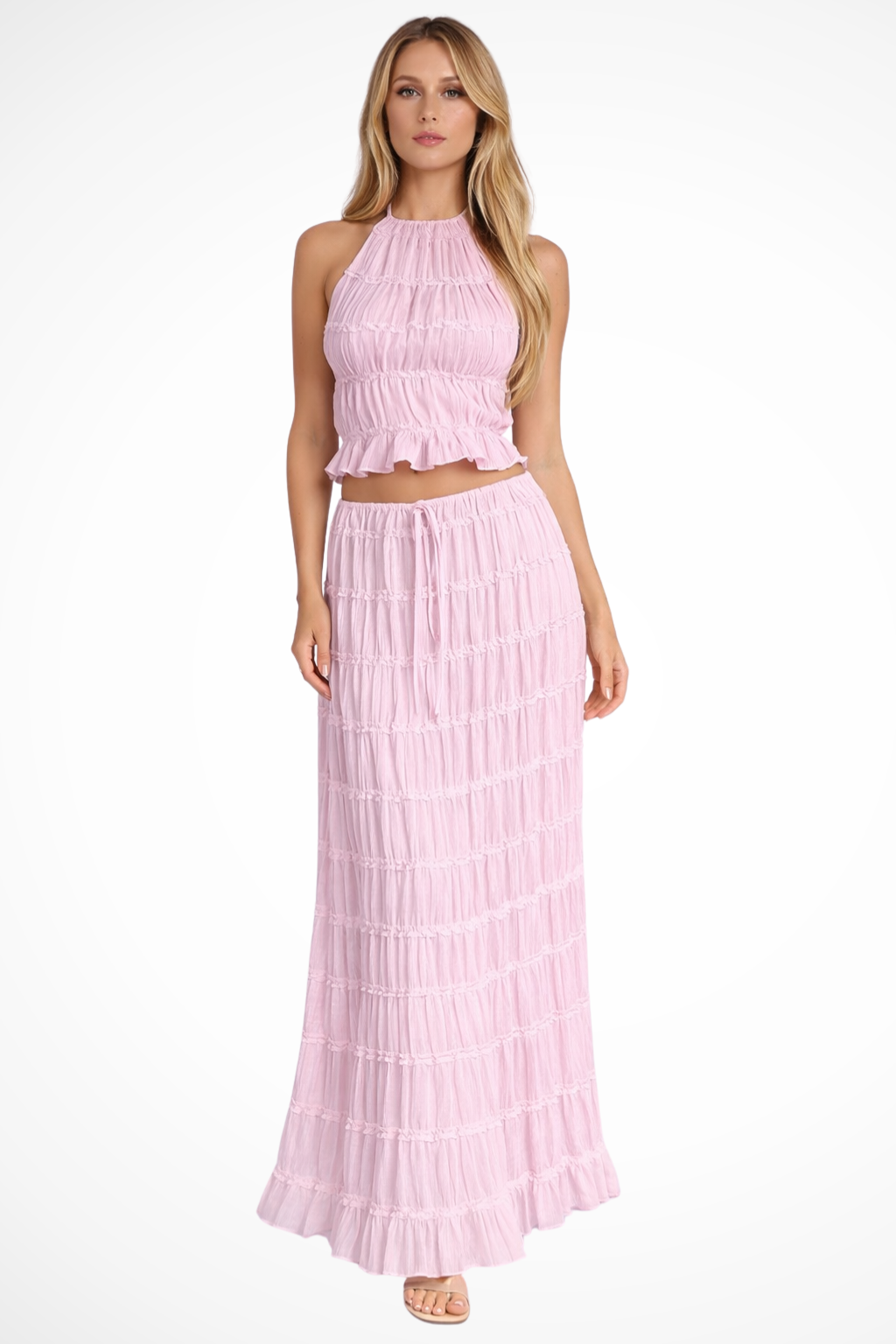 Women's Ruched Halter Crop Top and Maxi Skirt Set – Two-Piece Summer Co-Ord Outfit