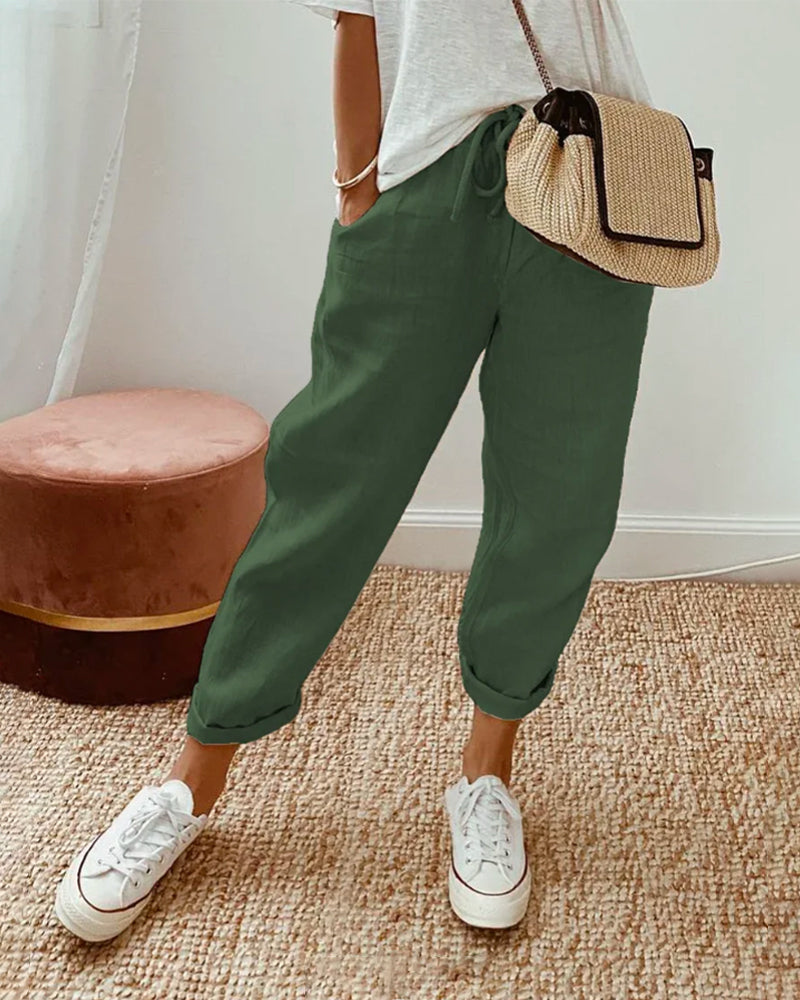 Women's Breathable Drawstring Pants with Slant Pockets – Tapered Leg Comfort Everyday Pants